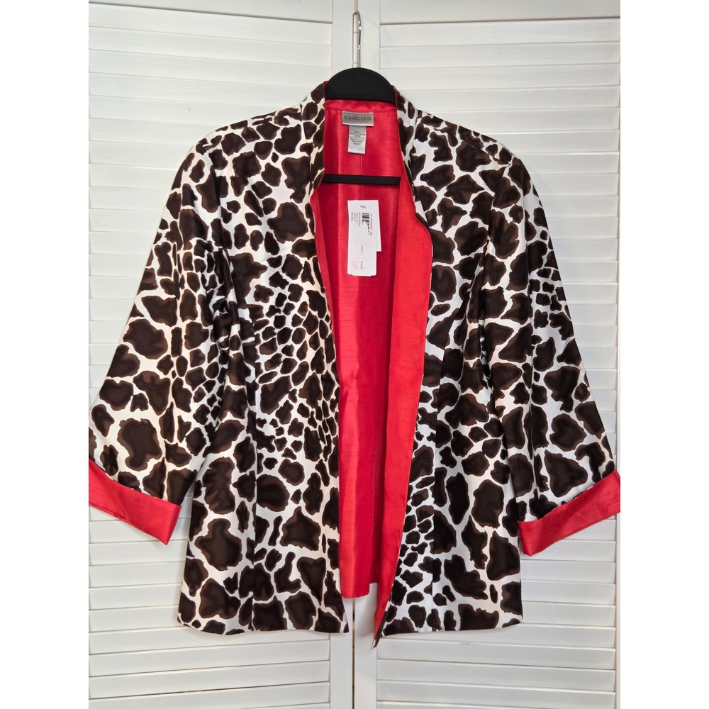 Chicos Reversible Giraffe Animal Print Red Jacket Size 2 Large Open Front Satin